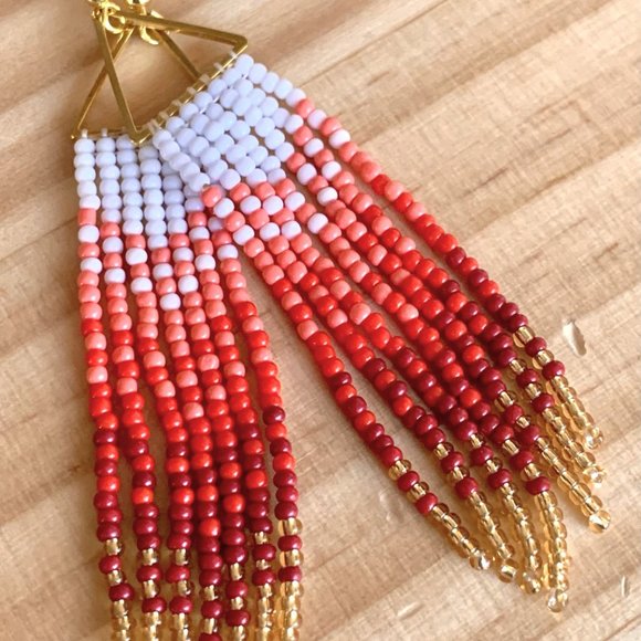 Gradient Colors Gold Triangle Body Hand Beaded Seed Bead Tassel Dangle Earrings - Picture 4 of 15